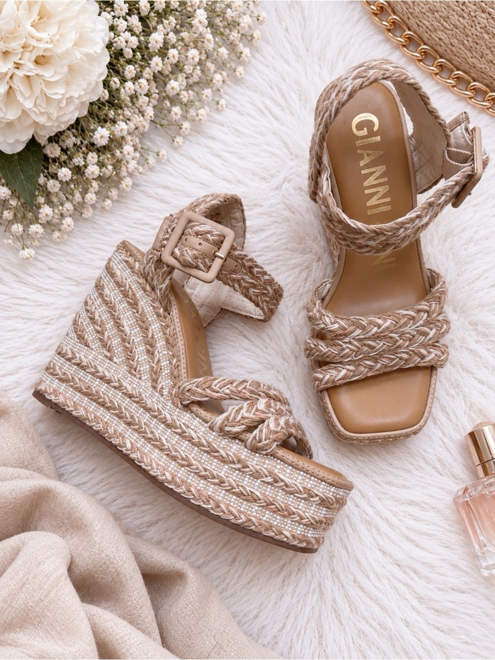 Santi Woven Braided Beaded Wedge Espadrille Sandals